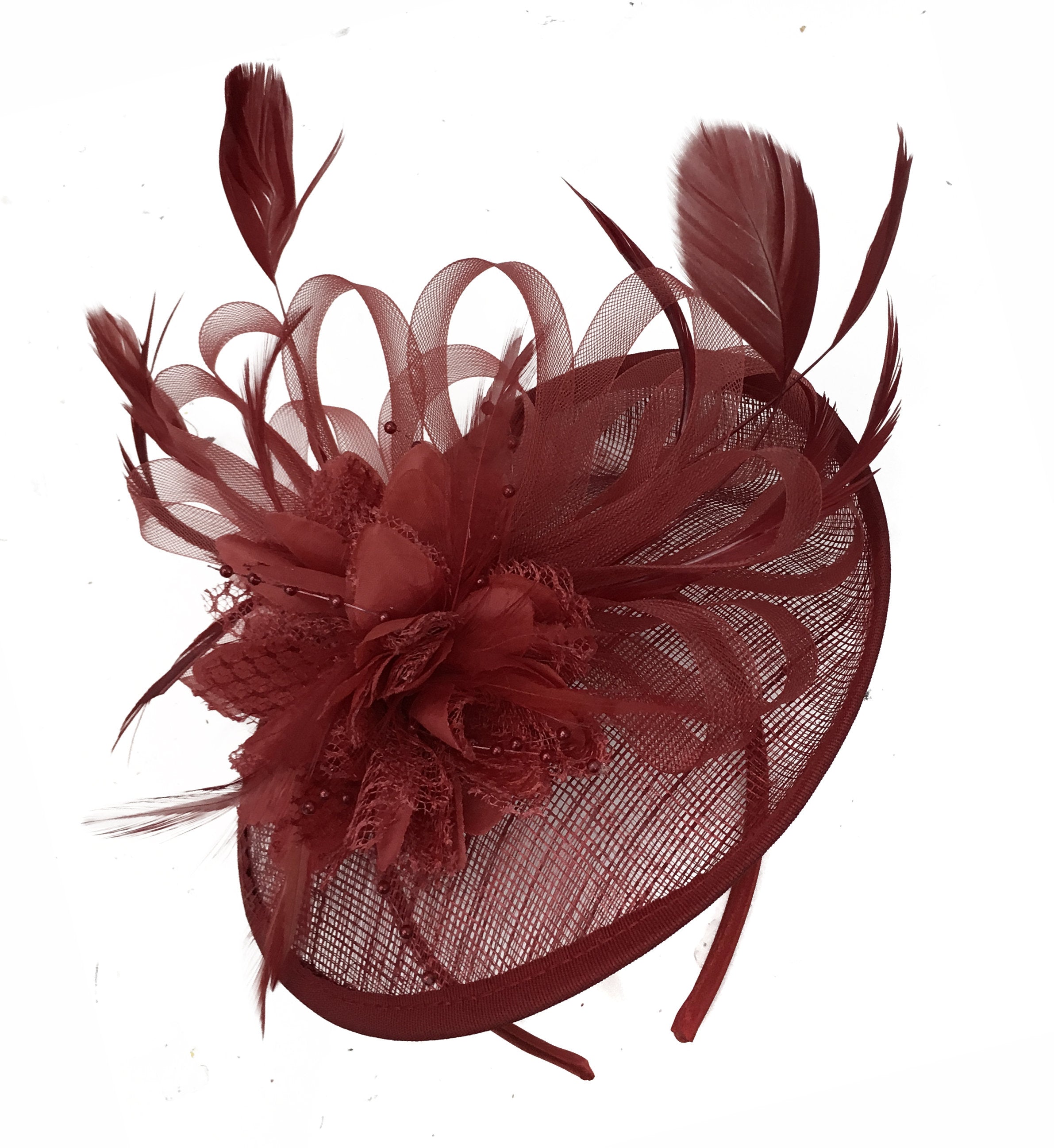 black and burgundy fascinator