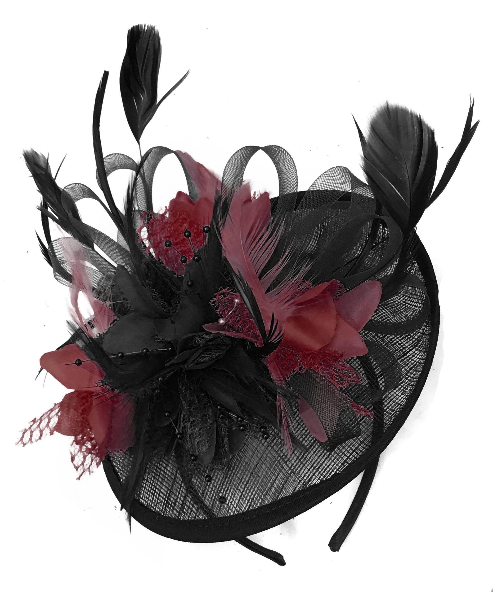 black and burgundy fascinator