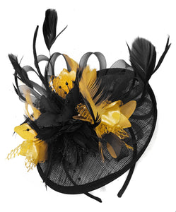 black and gold fascinator hat