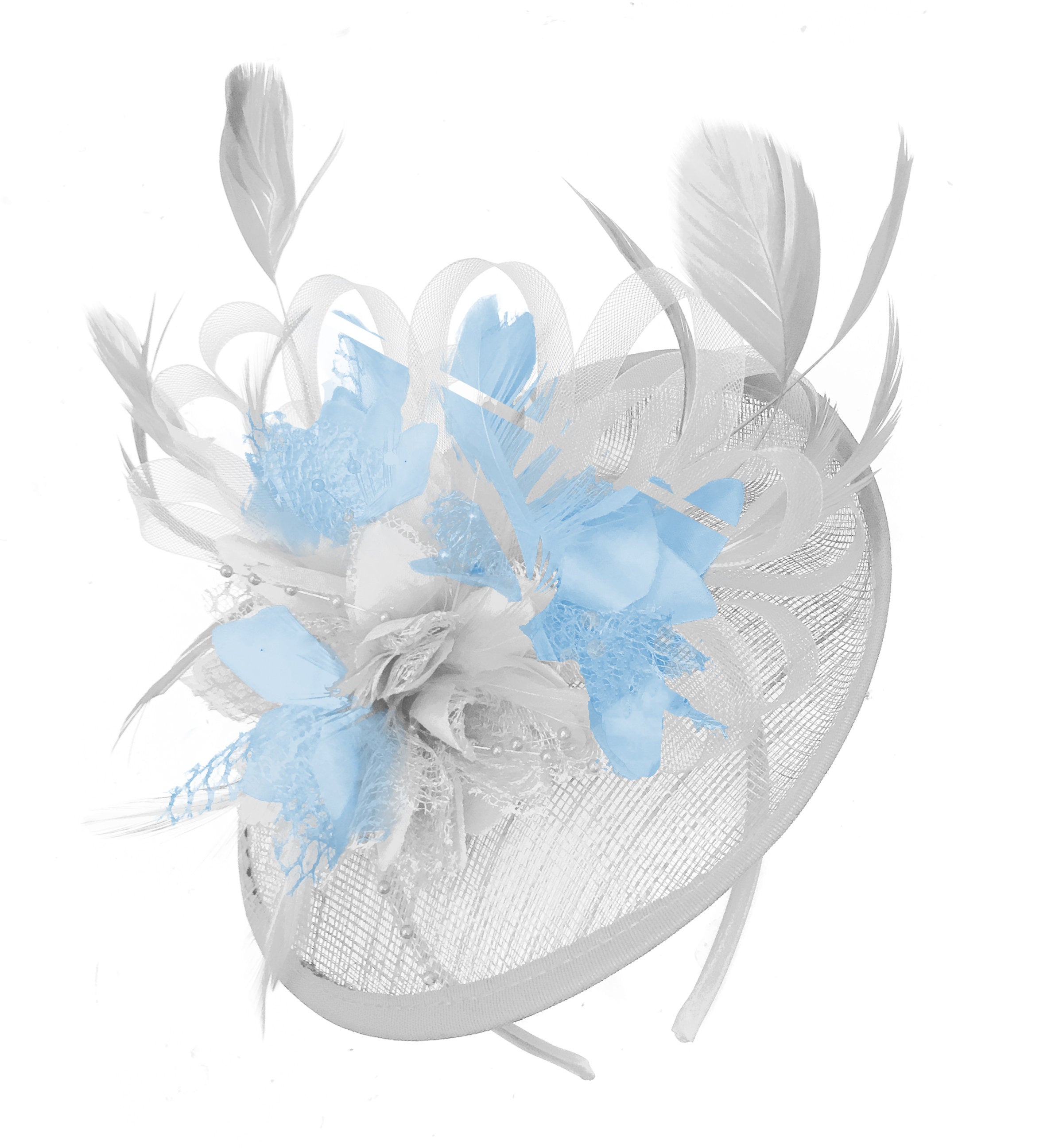 pale blue and white fascinator