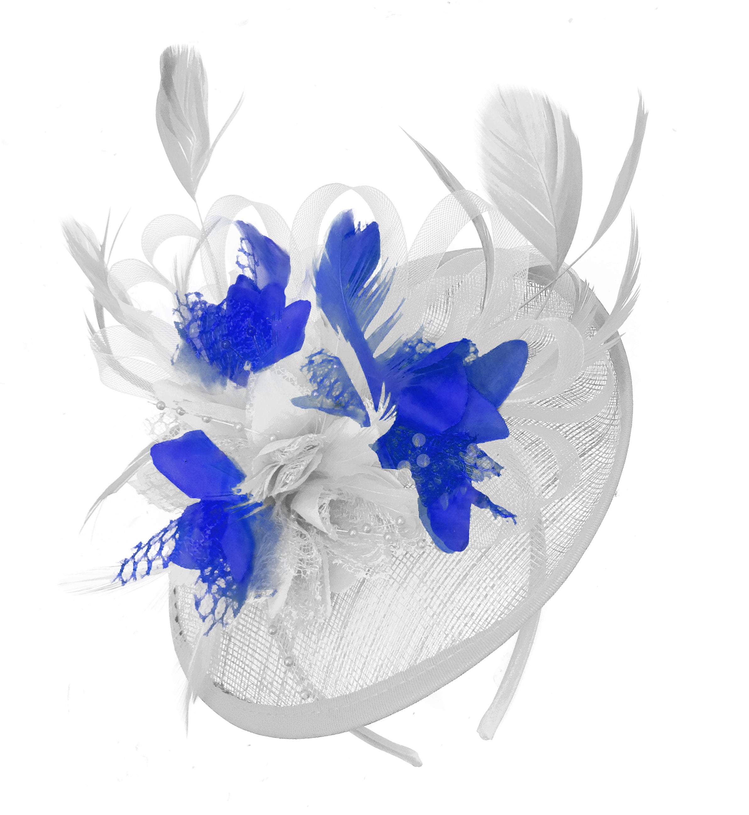 royal blue and white fascinator