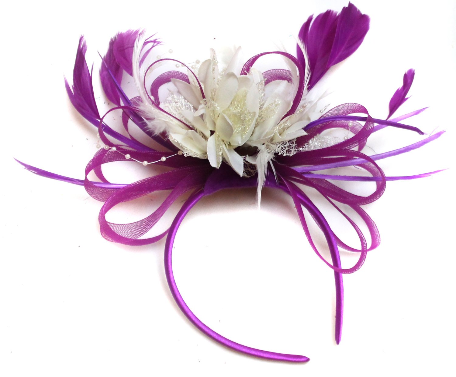 purple and cream wedding hats