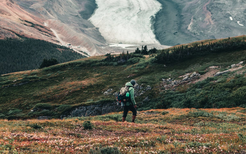 Person hiking in a mountainous terrain