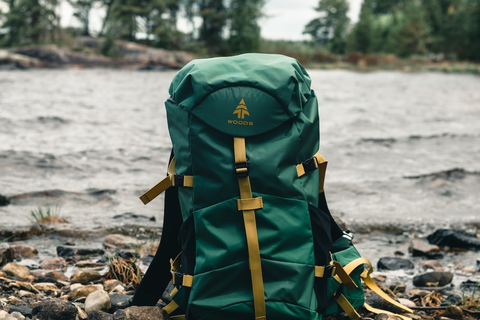 A hiking backpack near water
