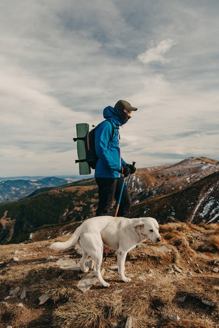 A hiker wearing a backpack and hiking with his dog