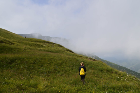 hiker on a meadow in the mountains