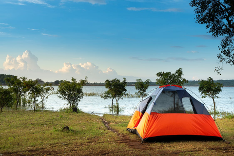 A camping tent near a lake