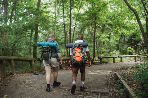 two hikers walking on a trail.