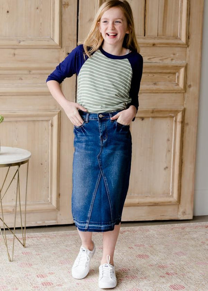 Denim Pencil Panel Jean Midi Skirt