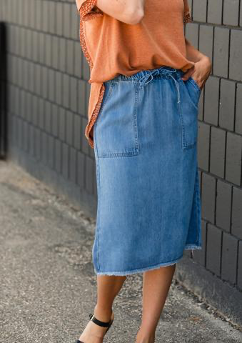 Sky Drawstring Waist Chambray Midi Jean Skirt