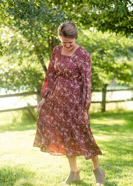 Burgandy Square Neck Puff Sleeve Belted Dress