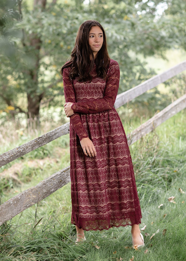 Burgundy Ruffle Detail Lace Overlay Dress