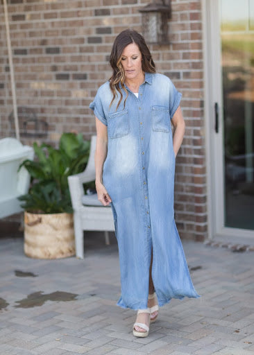 Short Sleeve Chambray Woven Maxi Dress