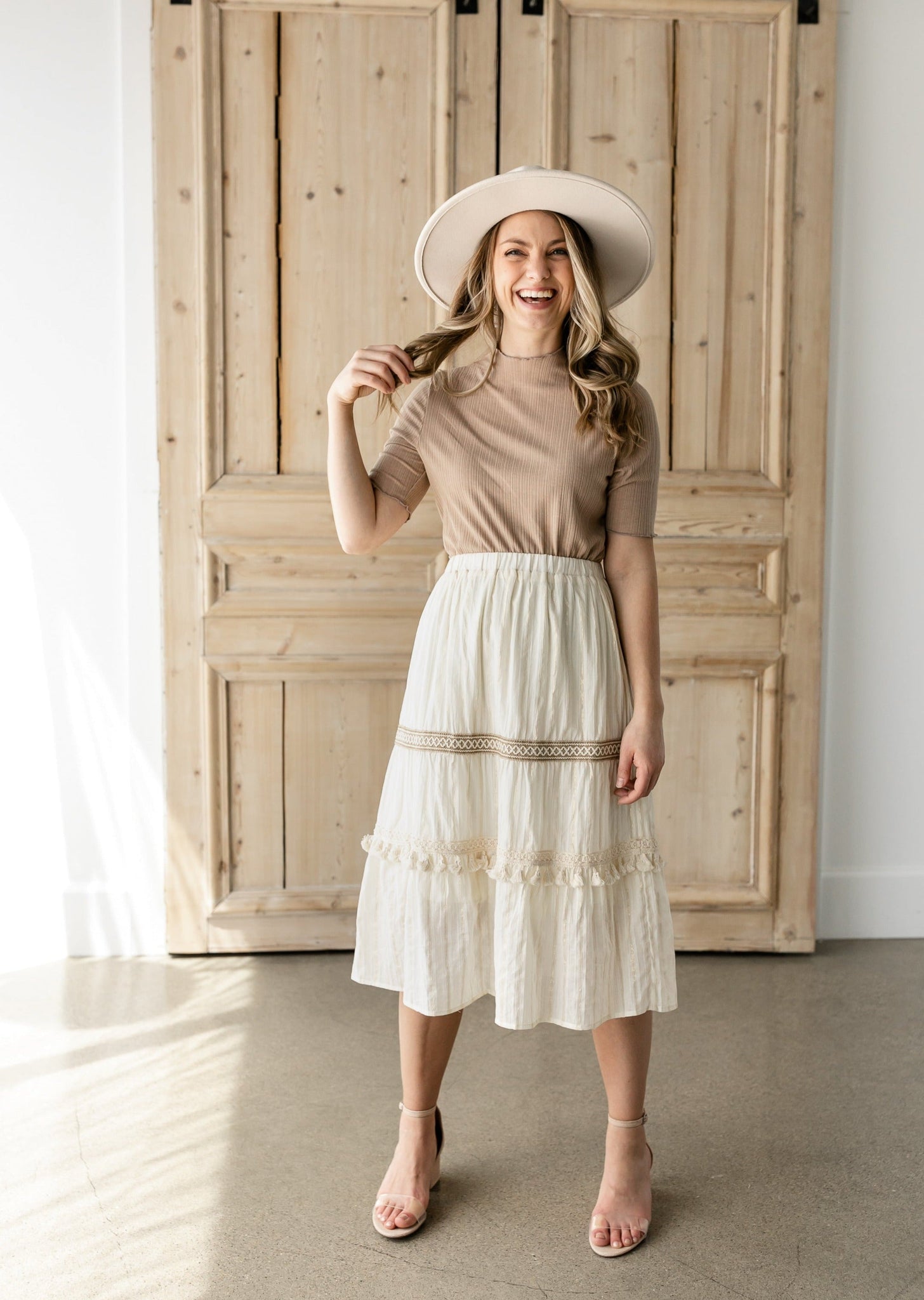 Cream Midi Skirt With Contrasting Lace Detail | Inherit Co.