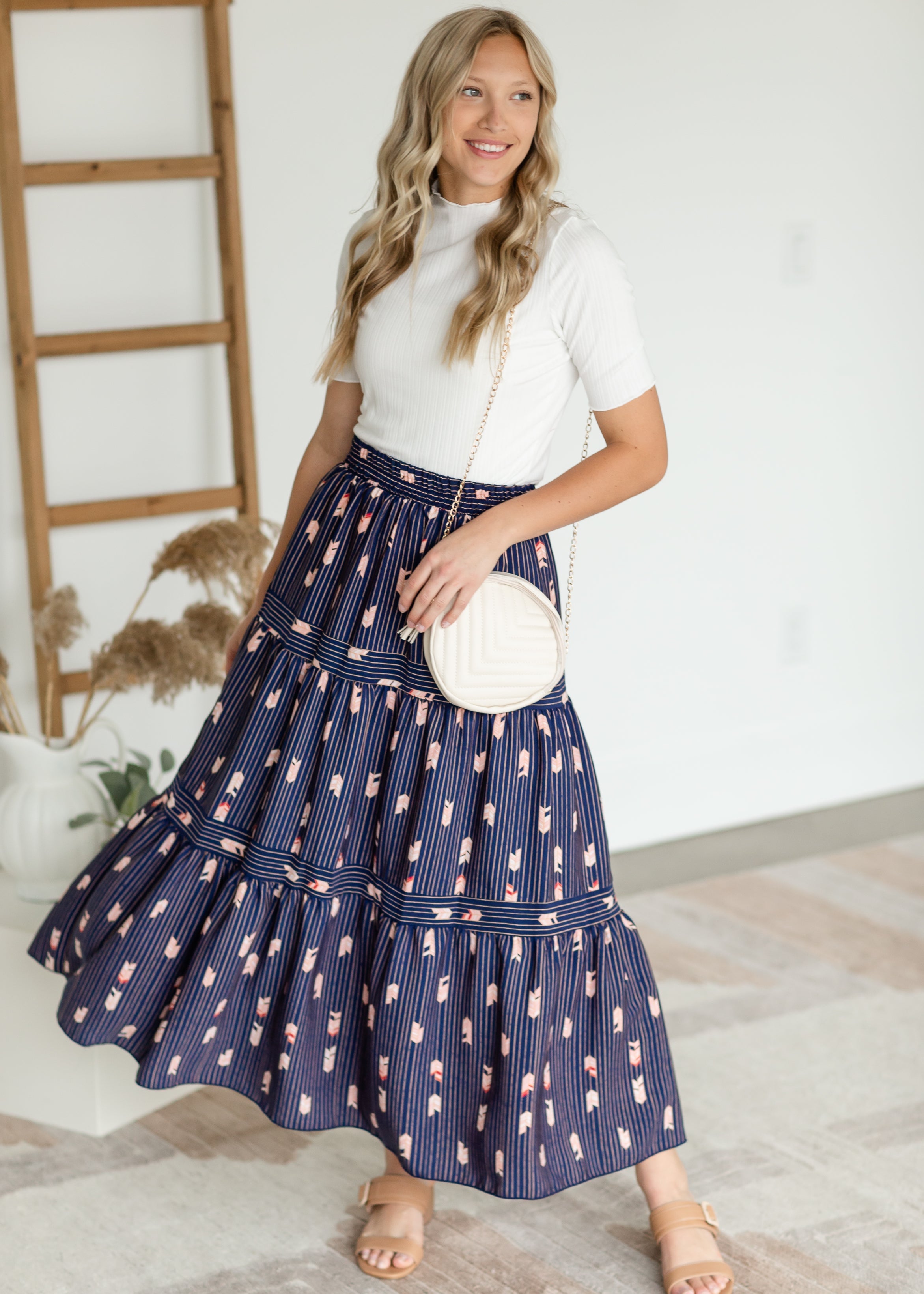 Navy Striped Tiered Midi Skirt | Inherit Co.