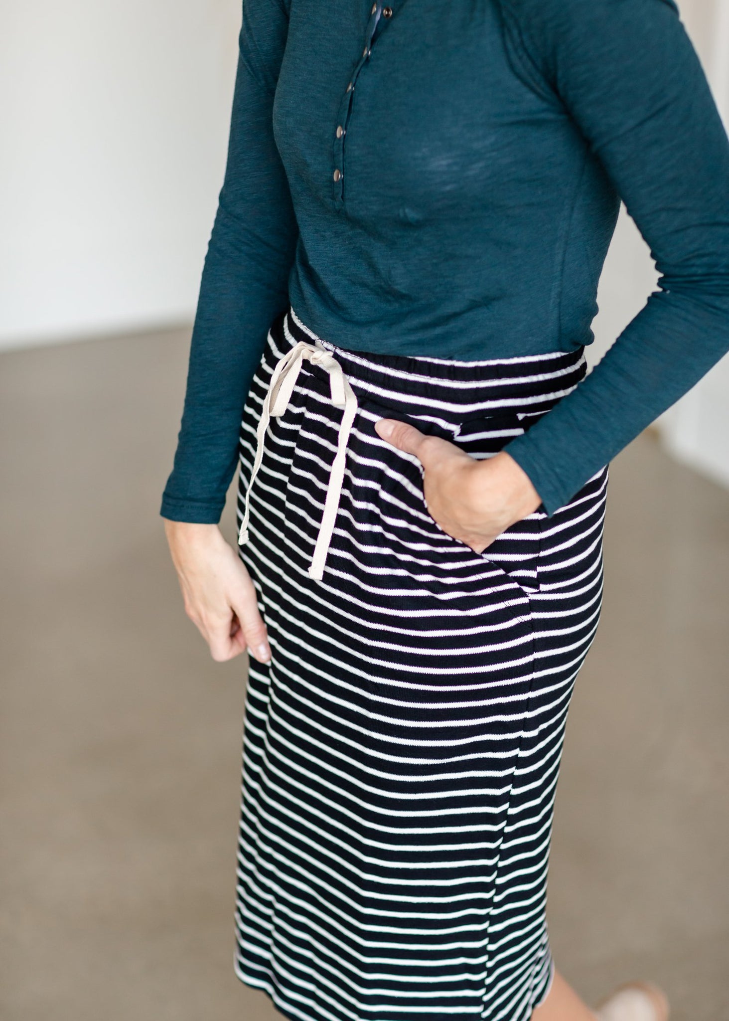 Striped Drawstring Waist Knit Midi 