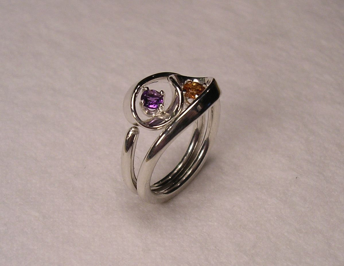 Violet Amethyst and Mandarine Garnet Set in The Two Turn Vortex Energy Rings