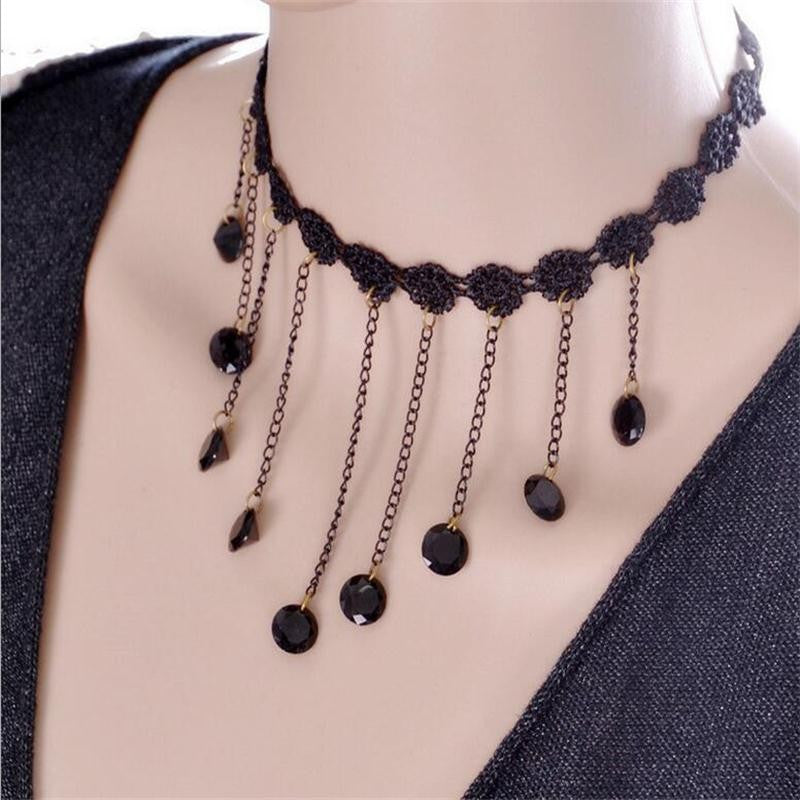 Black Beads Pendant Crystal  Sexy Lace Choker Necklace - RealHot Jeweled Bra Straps