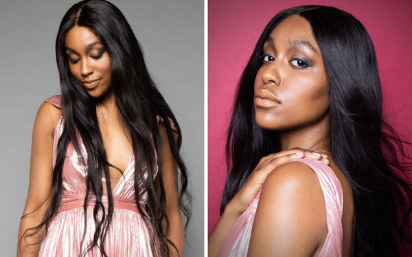 Black model Rayian with super long hair wig and glam pink maxi dress paired with a classic smokey eye makeup for winter 2021 beauty trends