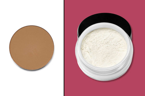 Pressed powder vs. loose powder products side-by-side to show difference between the two types of face powders