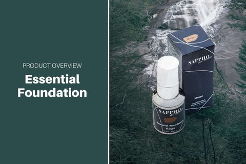 Product Overview: Essential Foundation green beauty product with photo of bottle and box on a background of forest and Shannon Falls in Squamish BC