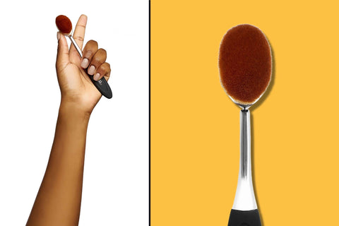 Vegan Foundation Buffer Brush Dyptique with brown hand holding up on left, and a close up of bristles on right