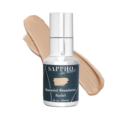 Essential organic foundation bottle with Rachel shade swatch