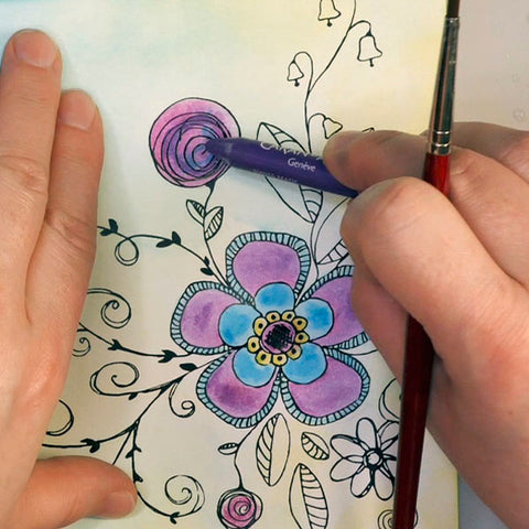 Adding Caran d'Ache Neocolor ii watercolor crayon to Wild Whisper Designs Fanciful Floral Paper