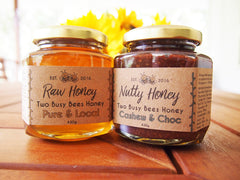 Raw honey and honey chocolate nut butter from Two Busy Bees Honey