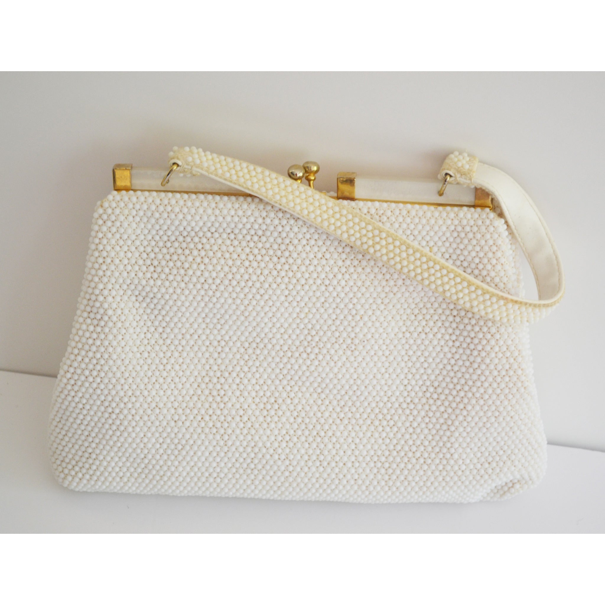 Vintage White Beaded & Lucite Trimmed Purse | QuirkyFinds