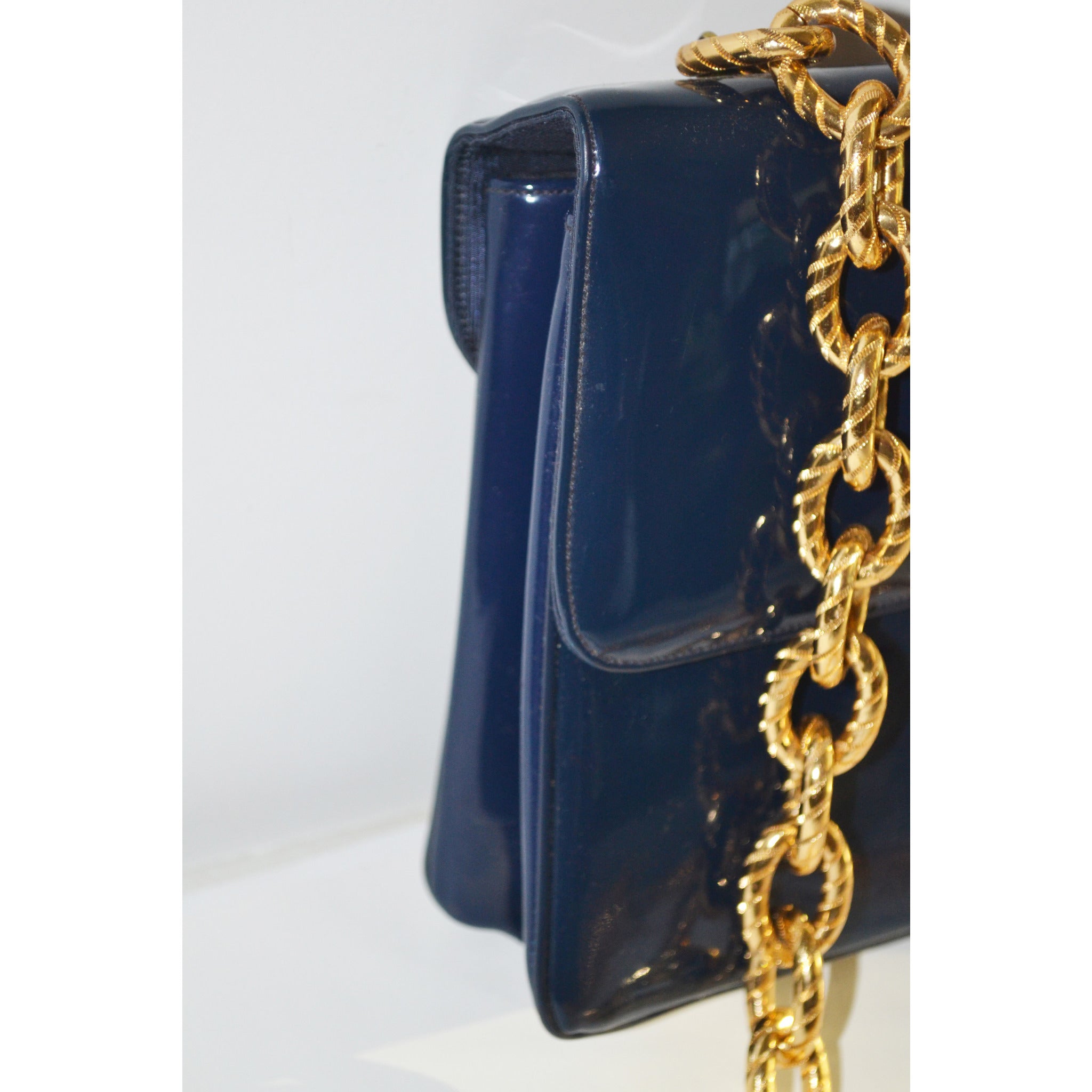 Vintage Navy Patent Gold Chain Purse By Joseph | Quirky Finds