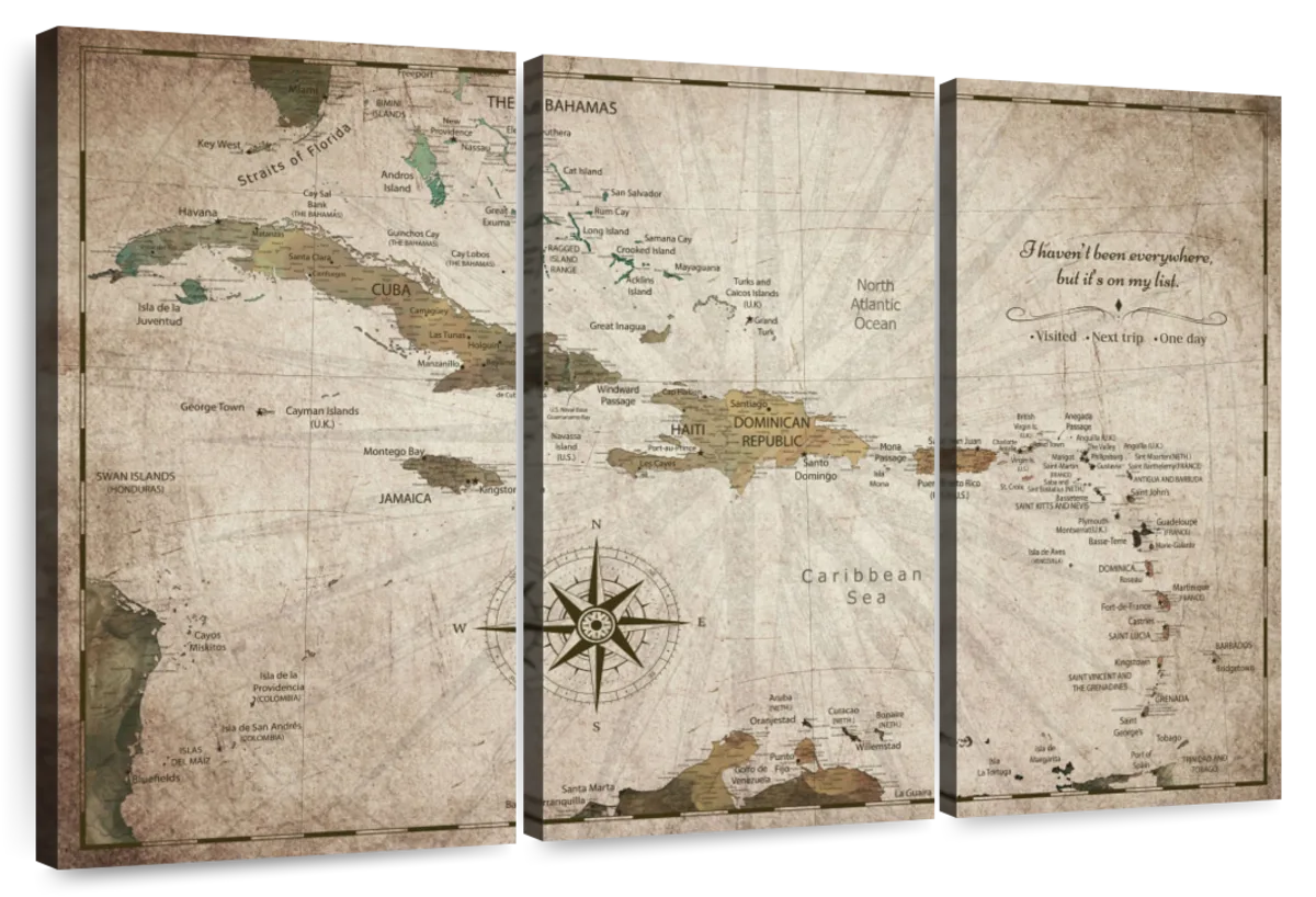 My List I Push Pin Caribbean Map Art: Canvas Prints, Frames & Posters