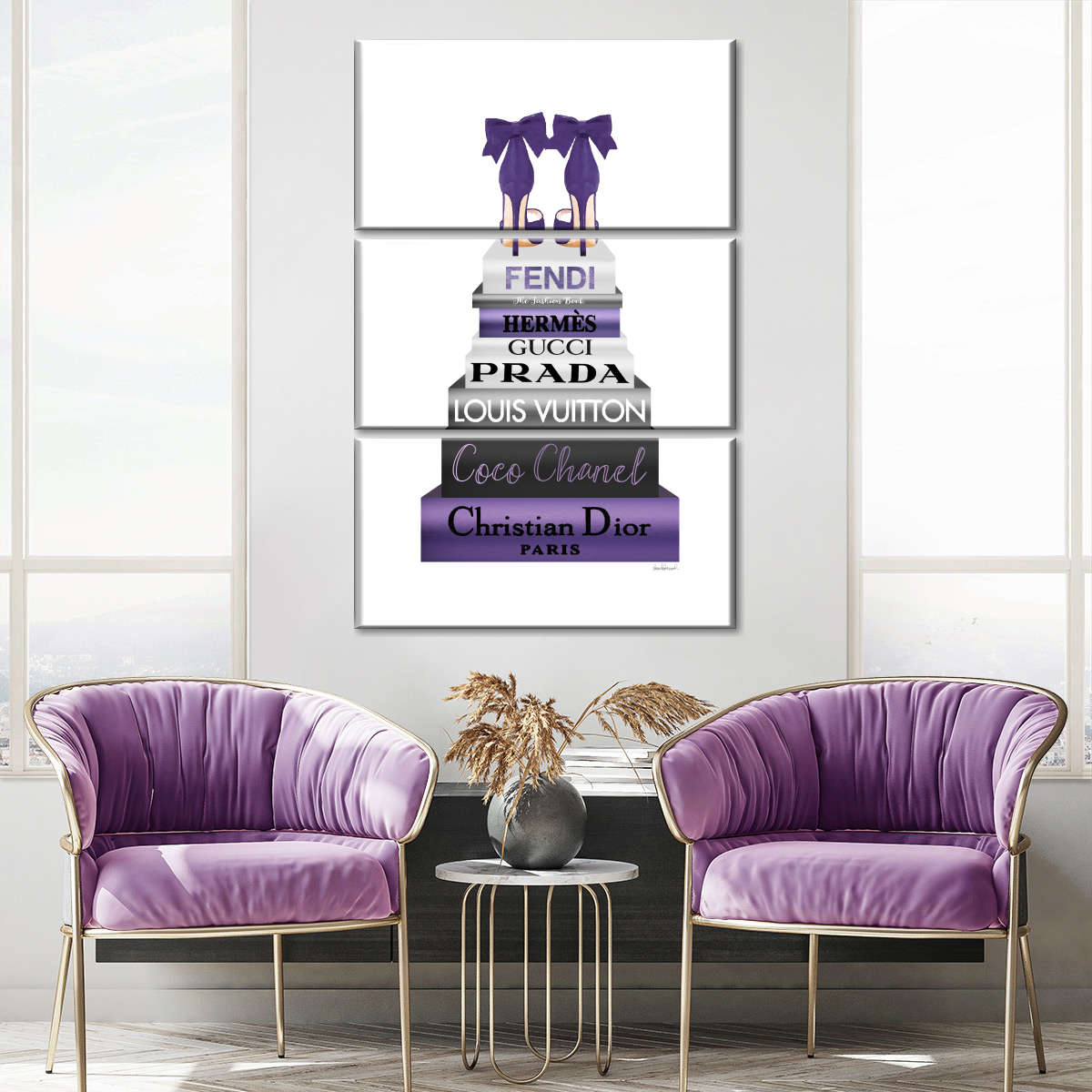 Tall Metallic Stack Purple with Purple Bow Shoes by Amanda Greenwood Fine Art Paper Print ( Fashion > Prada art) - 24x16x.25