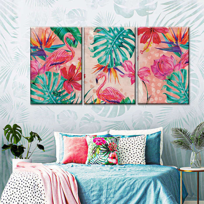 Summer Flamingo And Flora Multi Panel Canvas Wall Art