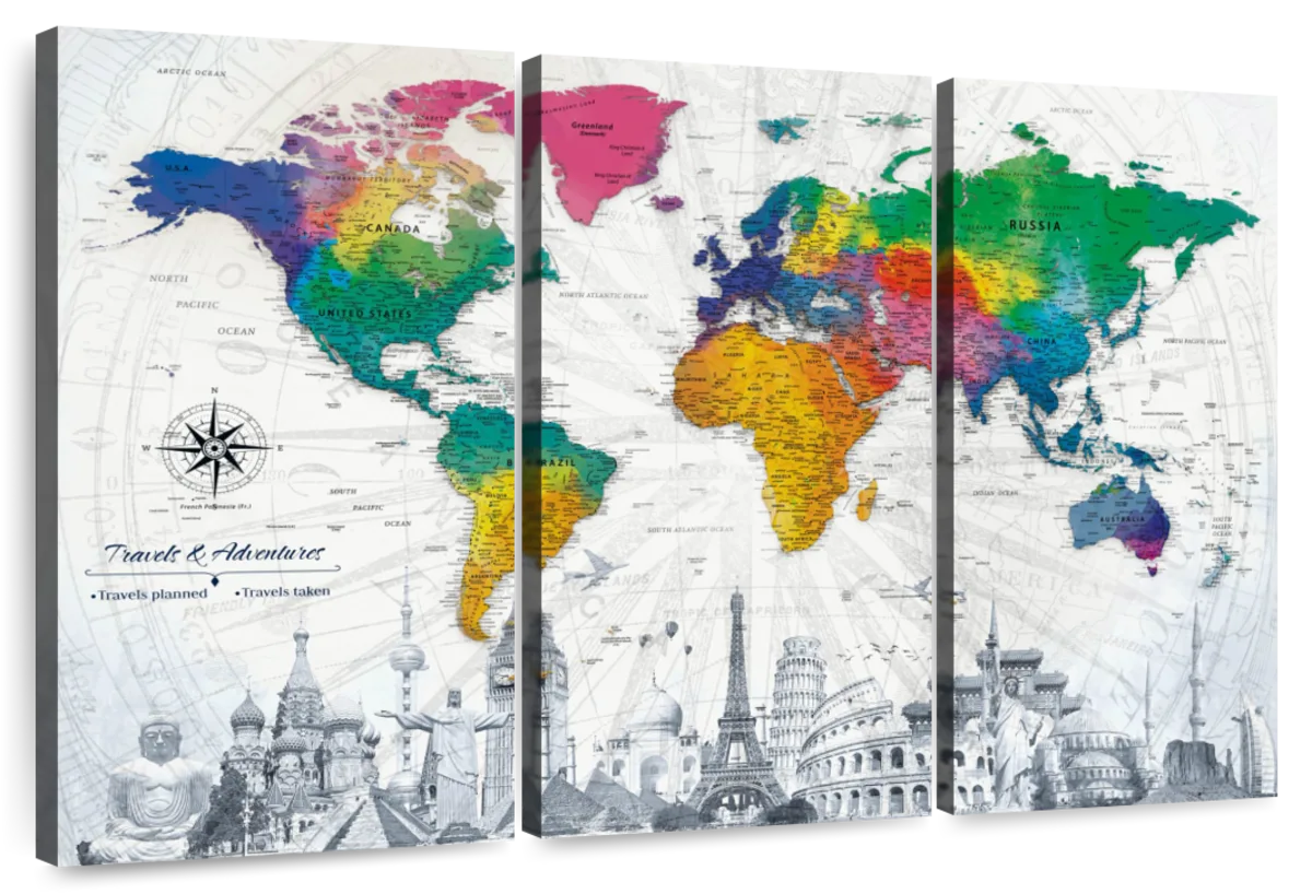 3-Panel Pin Map of the World, Large Canvas World Map