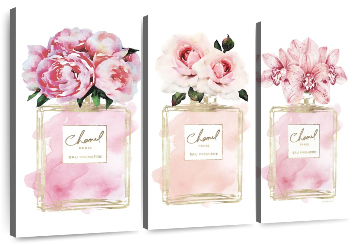 Coco Chanel Perfume Bottle Print  Pink Roses Watercolor Wall Art