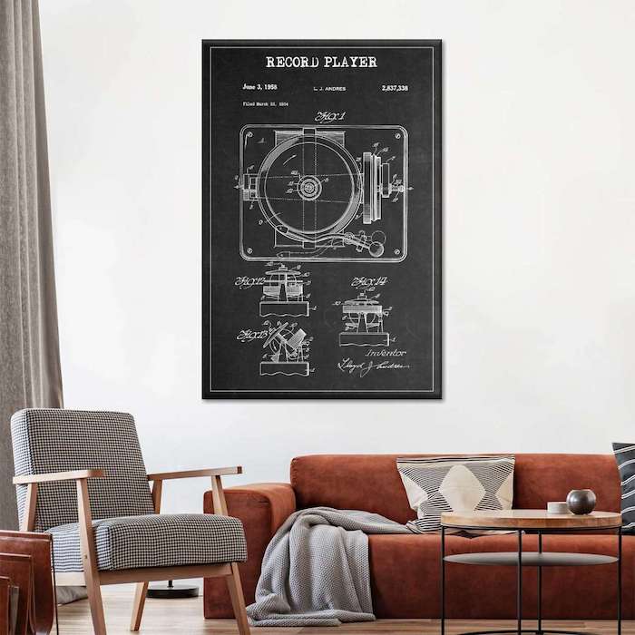 Record Player Patent BW Canvas Wall Art