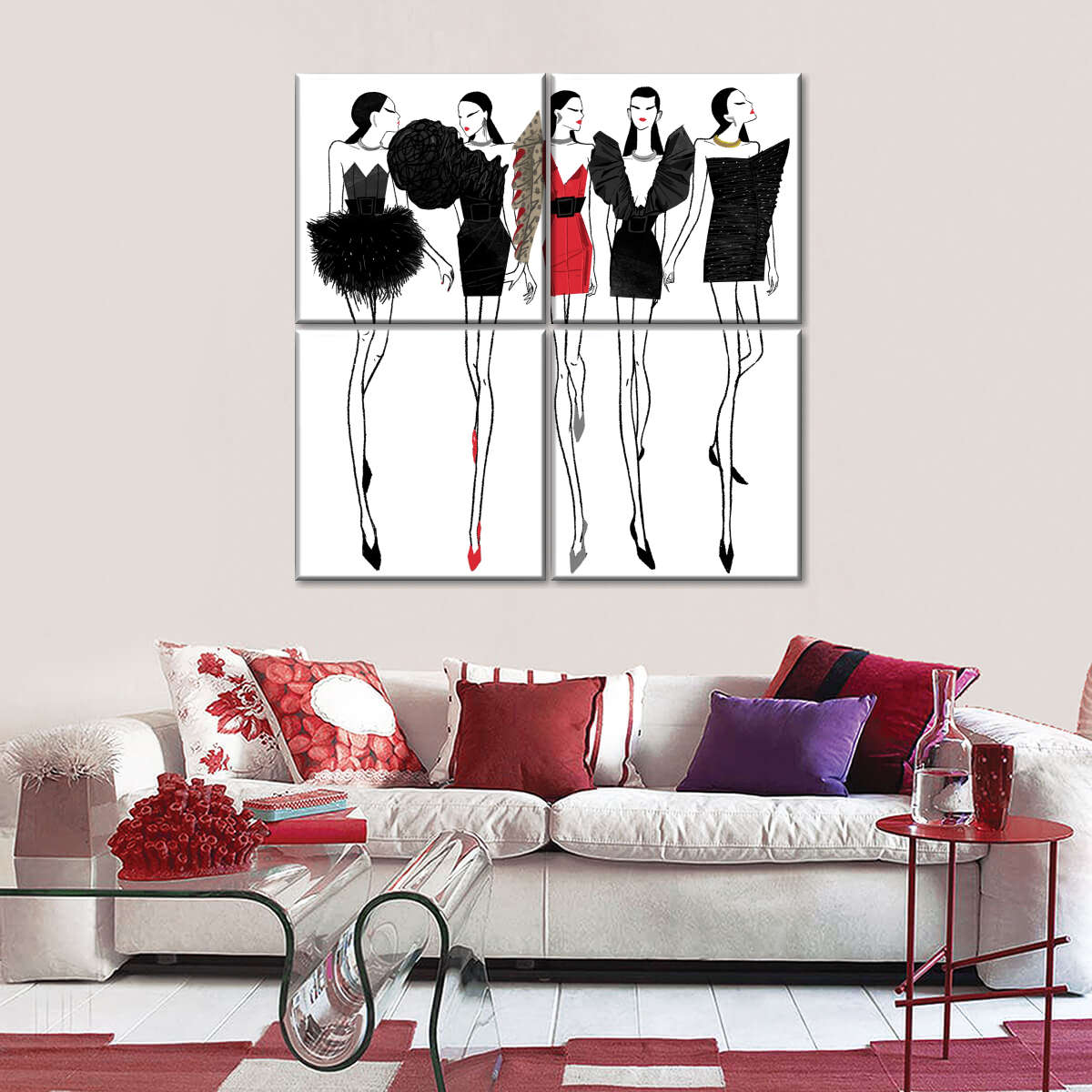 Fashion Pop Of Red Multi Panel Canvas Wall Art