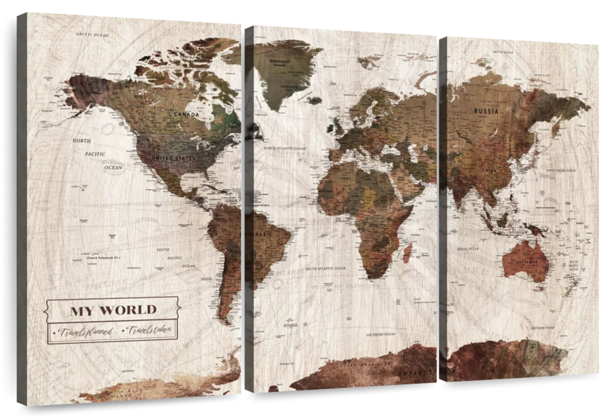 Burnt Wood World Map Canvas Wall Art Set l Stunning Canvas Prints