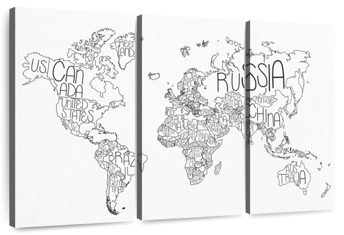 world map coloring page with labels