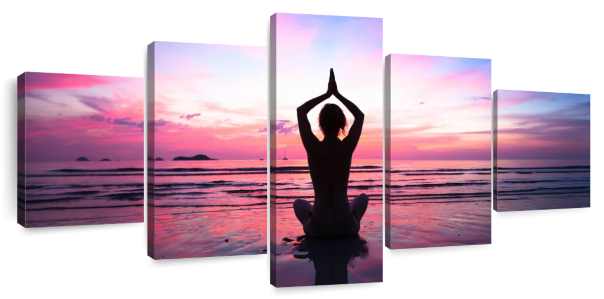 Woman Practice Yoga At Beach During Sunset Canvas Wall Art