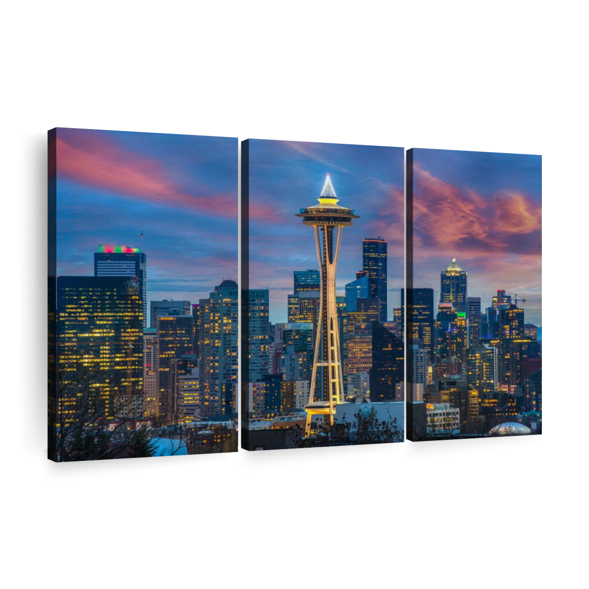 Framed Canvas Art (White Floating Frame) - The Space Needle and Skyline at Dawn, Seattle, USA II by Matteo Colombo ( places > North America > United