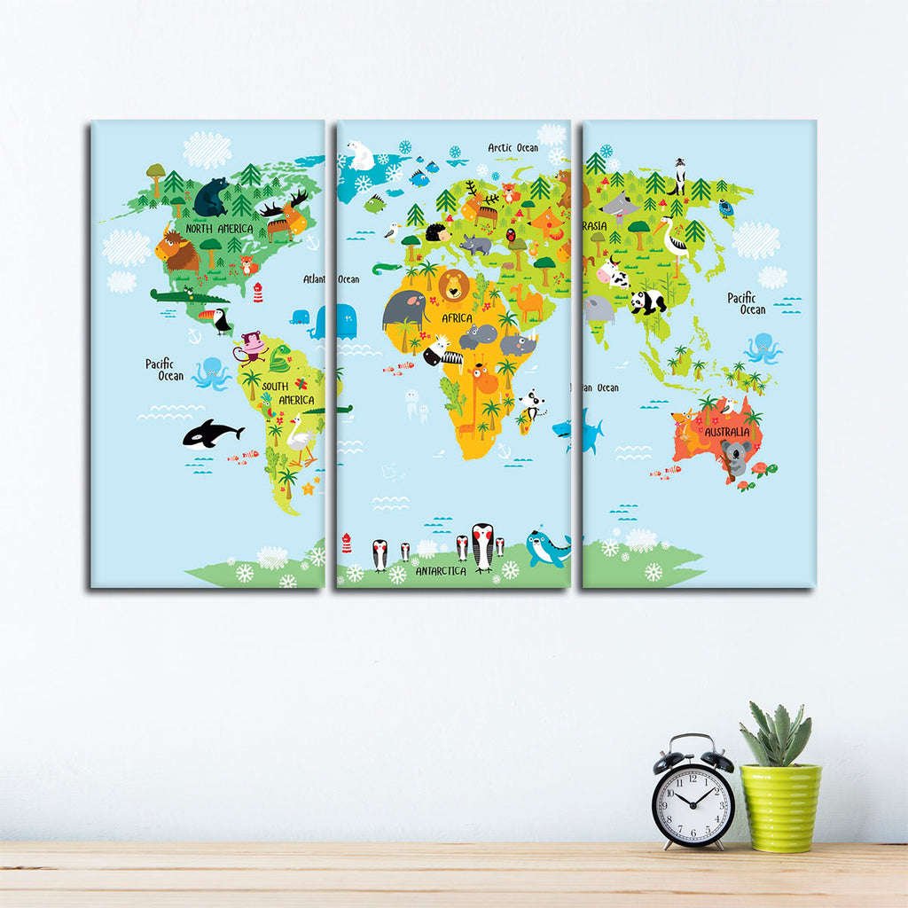 Nursery Animal World Map Multi Panel Canvas Wall Art Elephantstock