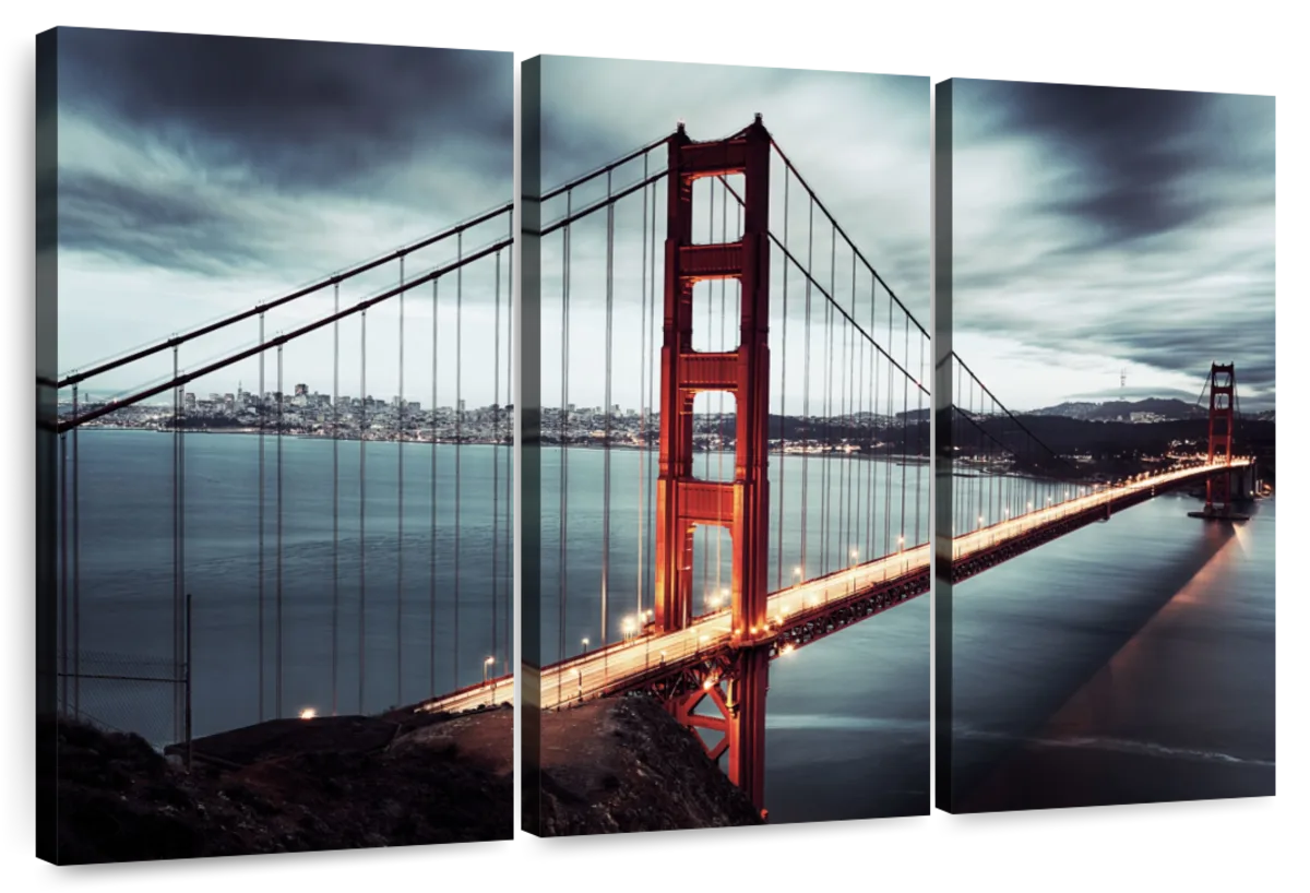 Golden Gate in Blue Background - Sea Bridge Glossy Metal Wall Art - 28 in. Wide x 12 in. High