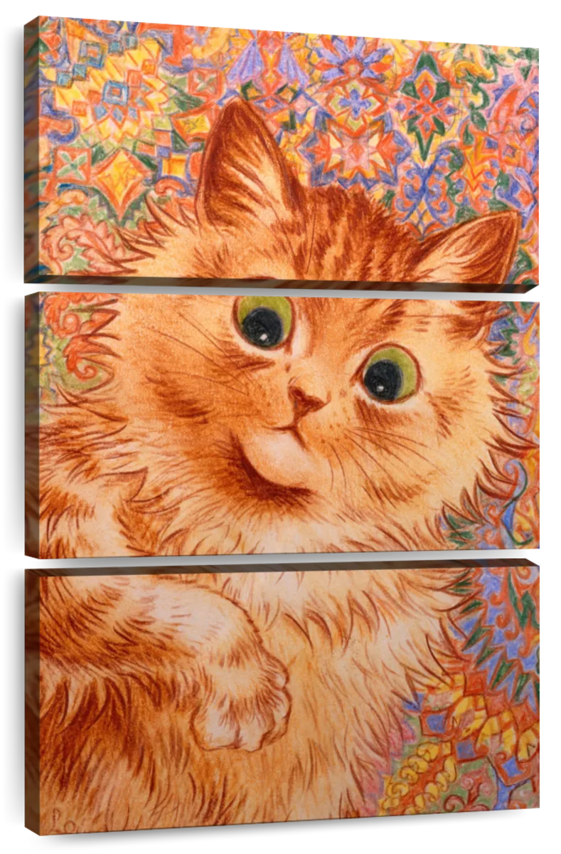 Louis Wain Psychedelic Red & Green Pet Cat Painting Fine Art Real Canvas  Print