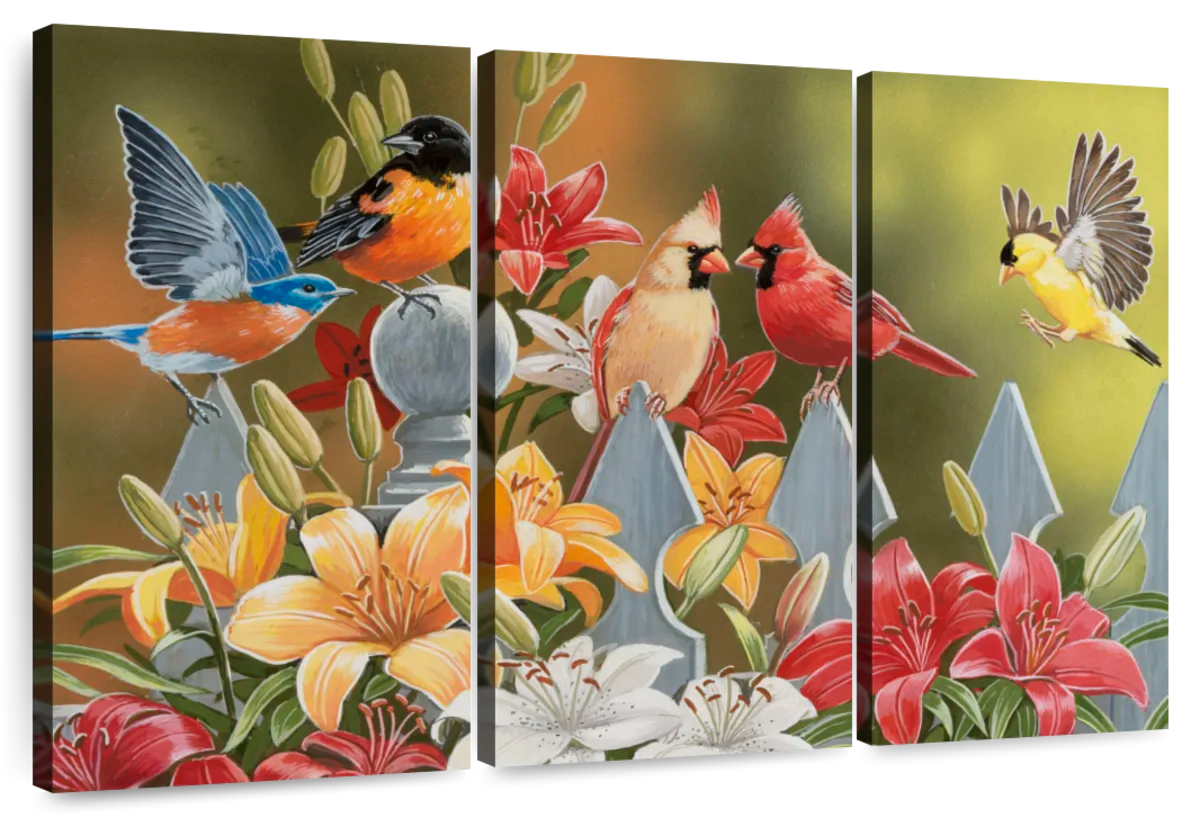 Backyard Birds With Daylilies Wall Art | Painting | by WILLIAM VANDERDASSON