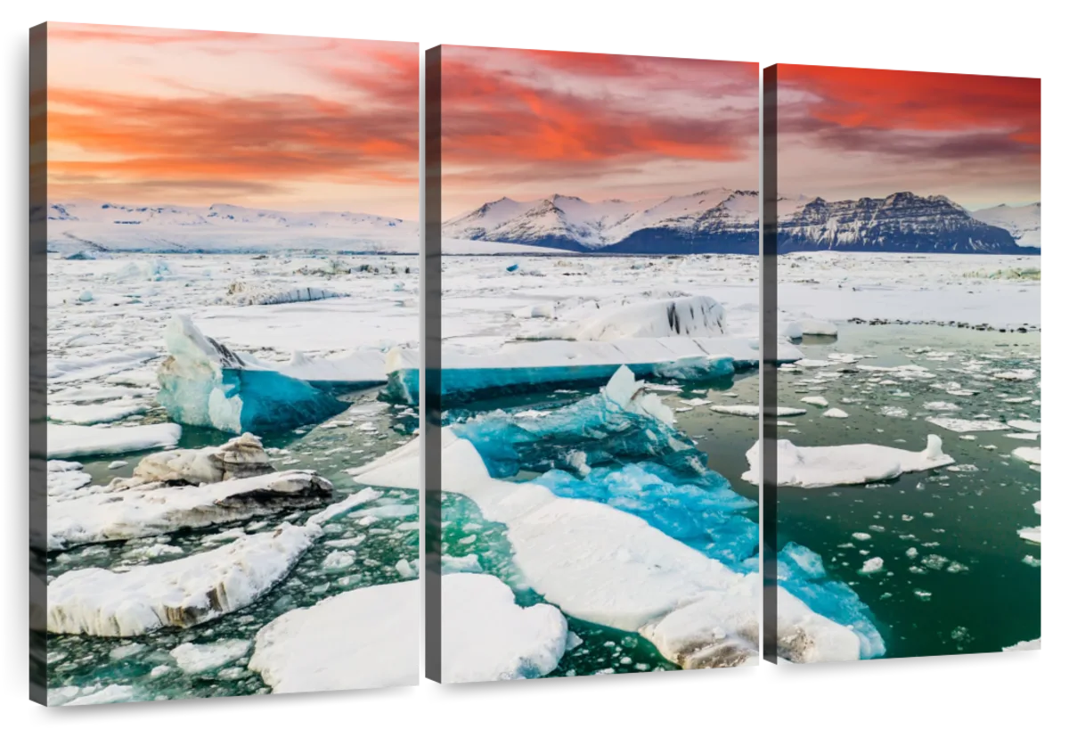 Midnight sun over Jokulsarlon iceberg available as Framed Prints