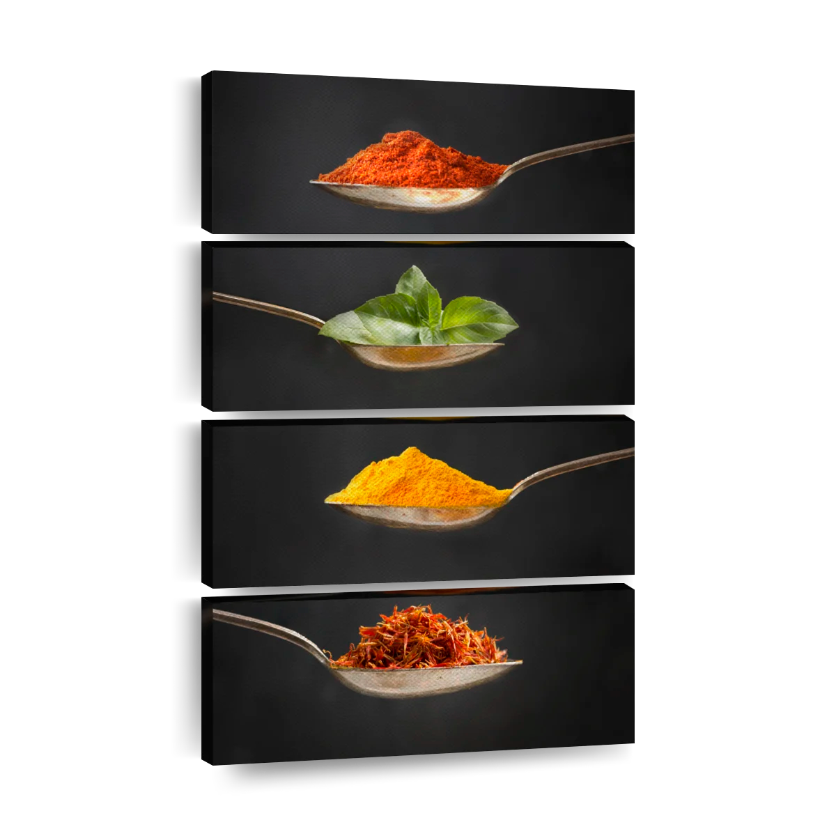 Spices in spoons on black background.