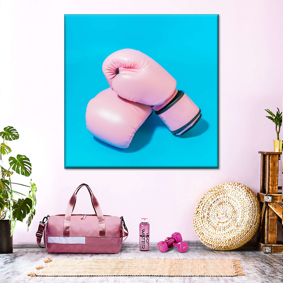 pink boxing gloves hanging