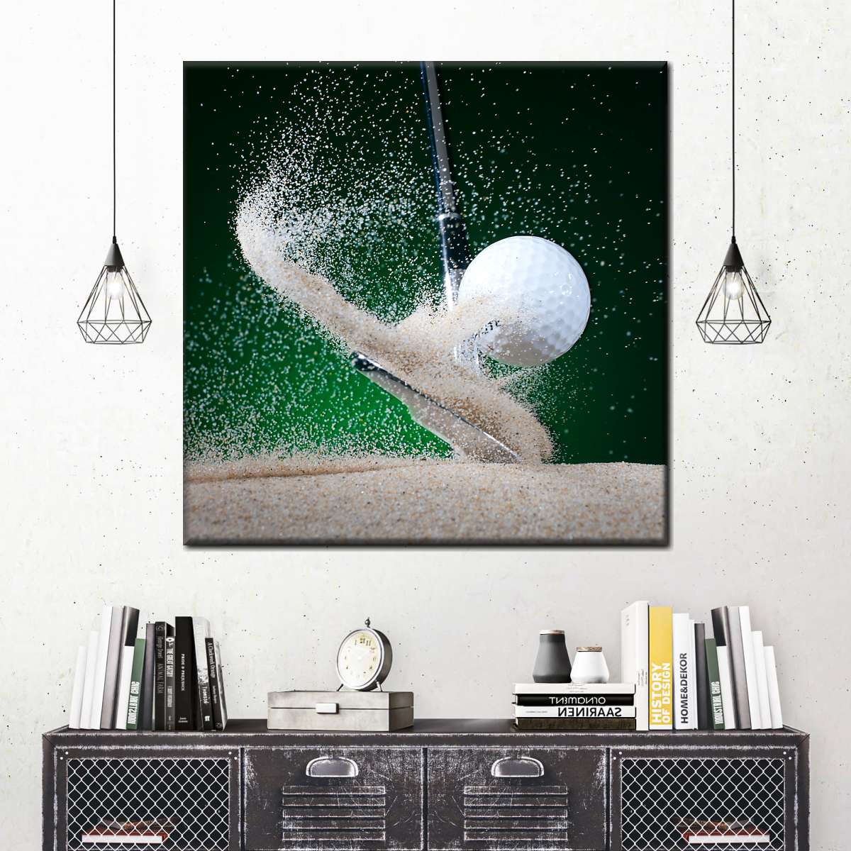 Large Canvas Print Panels Art Wall Paintings Hitting golf ball with club  on artificial grass against black Stretched Framed Wall Poster Picture on C 